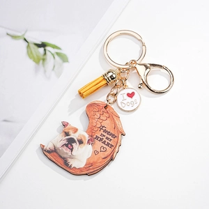 Detail of angel wing dog memorial keychain with tassel and I Love Dogs charm