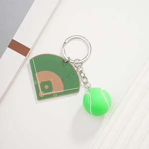 Creative tennis and baseball field keychain with neon green ball and acrylic pendant