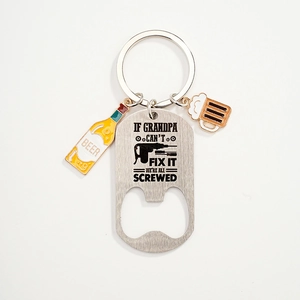 Metal beer bottle opener keychain with Grandpa humor quote and colorful enamel charms