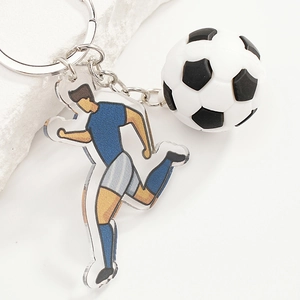 3D football keychain with acrylic running athlete charm and miniature soccer ball pendant
