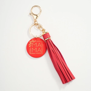 Red tassel keychain with gold MAMA engraved round tag and lobster clasp for bags