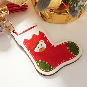 Cute Christmas White Bear Stocking Keychain Golden Metal Ring Red Tassel Stars Glass Ball Festive Gift Bag Pendant