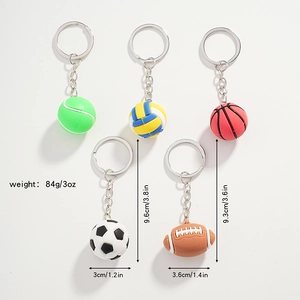 5-piece sports ball keychain set featuring tennis, soccer, and basketball with measurements