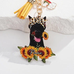 Close-up of personalized sunflower Doberman acrylic keychain with customizable name area
