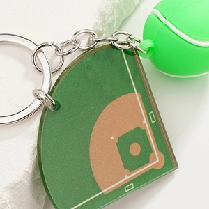 Green baseball field acrylic keychain with mini ball pendant and silver metal ring