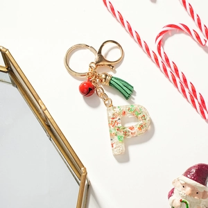 Porte-clés de Noël en Résine Lettre P Avec Gland Vert Cloche Rouge Fermoir Mousqueton Or Alphabet P Charme de Sac
