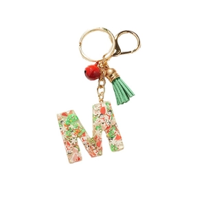 Christmas resin letter M keychain with snowman, tree, red bell and green tassel