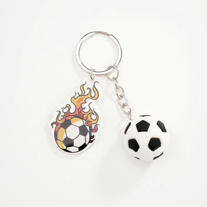 3D soccer ball keychain with colorful flame acrylic charm and metal ring for sports fans