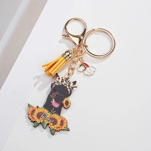 Custom Doberman dog keychain with sunflower details, yellow tassel and name placeholder