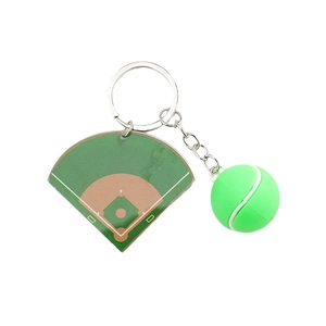 Green baseball field and sports ball keychain with polished silver metal ring and chain