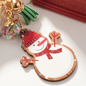 Christmas snowman wooden keychain with green tassel and sparkling star sequin charm