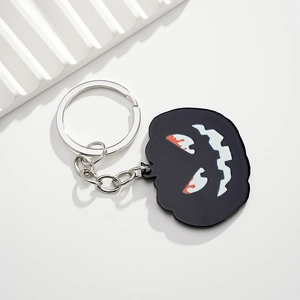 Detail shot of Halloween pumpkin keychain with spooky face and silver metal ring