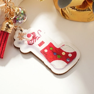 Christmas Cartoon Reindeer Sock Keychain With Red Tassel Sequin Ball Metal Gold Keyring For Holiday Festival Party Gift