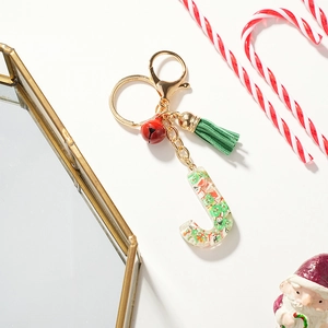 Christmas Letter J Resin Keychain With Green Tassel Red Bell Gold Metal Ring For Bag Car Key Decorative Festive Gift