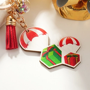Porte-clés de Noël 3D avec gland rouge, boule d'étoiles et pendentif en bois