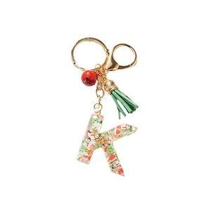 Porte-clés lettre K en résine de Noël avec bonhomme de neige, cloche et pompon vert