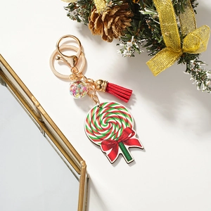 Christmas Lollipop Keychain Red Green Spiral Candy Pendant With Red Tassel Star Ball Key Ring For Xmas Tree Decor Party Gift