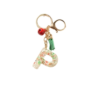 Porte-clés de Noël lettre P en résine avec bonhomme de neige, pompon et cloche