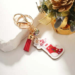 DIY Christmas elk wooden stocking keychain with red tassel and colorful star sequin globe