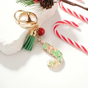 Christmas letter J keychain with green tassel and miniature resin holiday icons