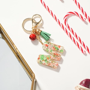 Christmas Alphabet Resin Keychain M Letter Snowman Christmas Tree Pendant Gold Buckle Tassel Bell For Women Holiday Gift