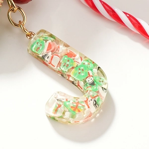 Christmas letter J keychain with resin glitter elements and gold metal ring for bags