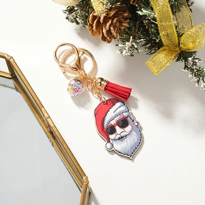 Sunglasses Santa Claus Christmas Keychain Acrylic Pendant With Red Tassel Star Ball Gold Metal Keyring Xmas Festive Gift