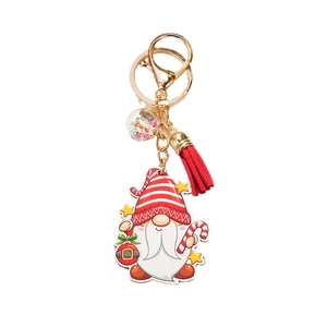 Porte-clés nain de Noël en bois avec pompon rouge et boule de sequins étoilés