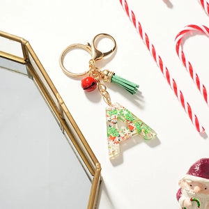 Christmas Tree Snowman Letter A Resin Keychain Transparent Drip Glue Keyring With Red Bell Green Tassel Festive Bag Pendant