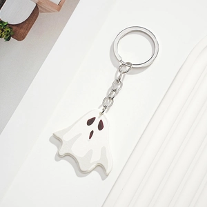 Creative Halloween ghost keychain with white acrylic pendant and silver metal ring