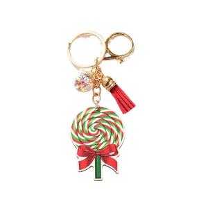 Cute cartoon Christmas lollipop keychain with red tassel and gold metal ring for DIY gift