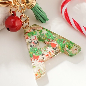 Christmas tree snowman resin letter A keychain with red bell and green leather tassel