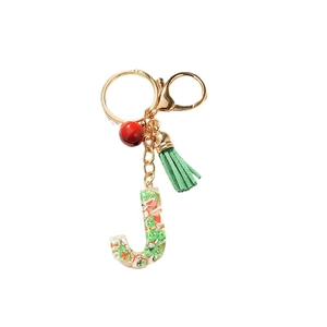 Christmas Letter J Resin Keychain with Santa Decor, Red Bell and Green Tassel