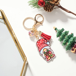 Porte-clés en Bois Gnome de Noël Père Noël Avec Gland et Boule de Paillettes Étoiles Dessin Animé Mignon Décoration de Sac Cadeau