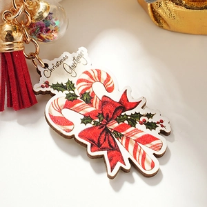 Portachiavi con Bastoncino di Zucchero di Natale Con Nappina Rossa e Sfera di Paillettes Portachiavi in Metallo Dorato per Regalo