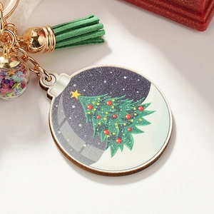 Creative Christmas tree round wooden keychain with dark green tassel and star glitter charm