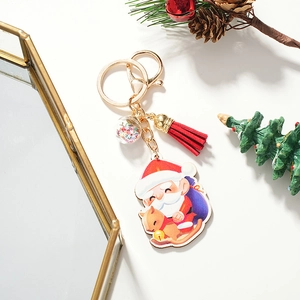 Cartoon Santa Claus Riding Reindeer Keychain With Red Tassel Star Sequin Ball Wood Acrylic Christmas Ornament Bag Charm Pendant