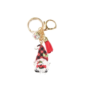 Christmas gnome keychain with red plaid hat, red tassel, and star sequin ball charm