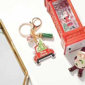 Christmas Red Truck Wooden Keychain With Green Tassel Sequin Star Ball Pendant Holiday Bag Hanging Ornament Gift For Christmas