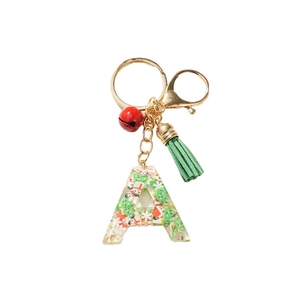 Christmas tree snowman resin alphabet A keychain with gold clasp, bell, and green tassel