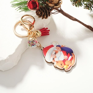 Cartoon Santa riding horse wooden keychain with red tassel and star ornament ball