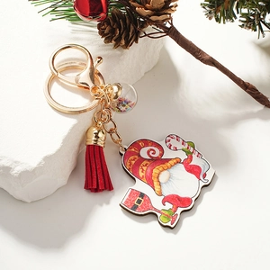Christmas gnome wooden keychain with red leather tassel and colorful sequin charm ball