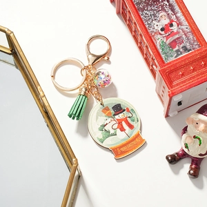 Christmas Snowman Wooden Keychain With Green Tassel And Sequin Ball Merry Christmas Pattern Gold Metal Keyring Bag Charm Gift