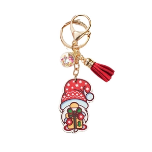 Porte-clés gnome de Noël en bois avec gland rouge et boule de paillettes colorées