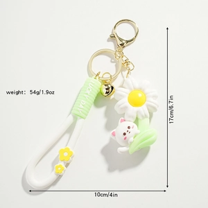 Cute cartoon white cat and daisy keychain with green Lucky Day silicone strap