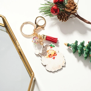 Vintage Santa Claus Wood Keychain Leopard Print Hat Red Tassel Star Glass Ball Christmas Tree Bag Hanging Ornament