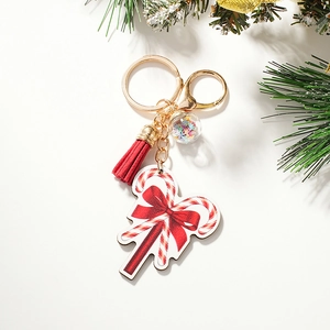 Christmas candy cane keychain with red tassel and sparkling star glass ball charm
