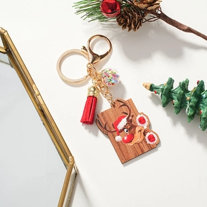 Christmas Reindeer Wooden Keychain With Red Tassel And Star Ball Decor Cute Cartoon Elk Pendant Bag Accessory For Holiday