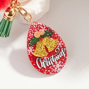Porte-clés de Noël mignon avec pompon rouge, gland vert et pendentif en acrylique