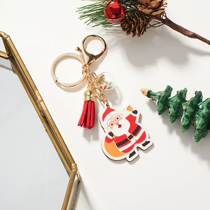 Portachiavi Babbo Natale in Legno Nappina Rossa Sfera di Vetro con Paillettes Campanello Oro Decorazione Natalizia